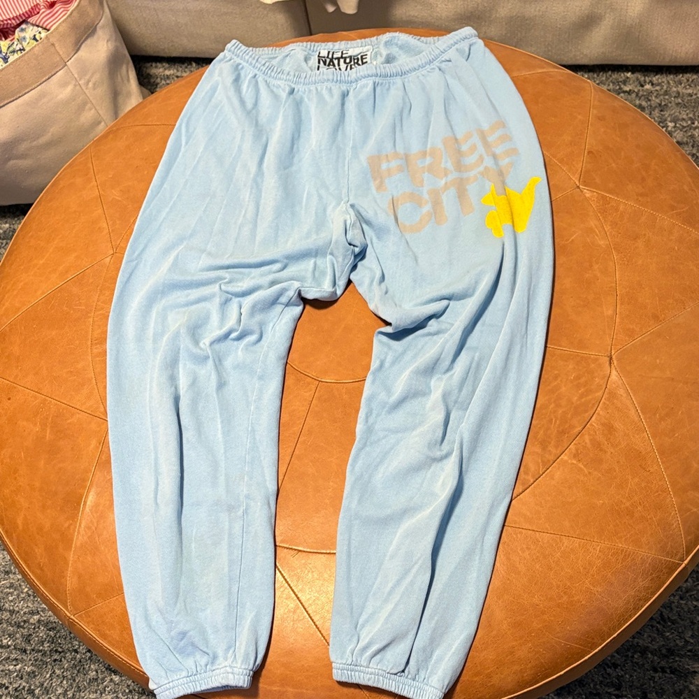 Freecity Sky Blue Sweatpants with Yellow and Gray Print